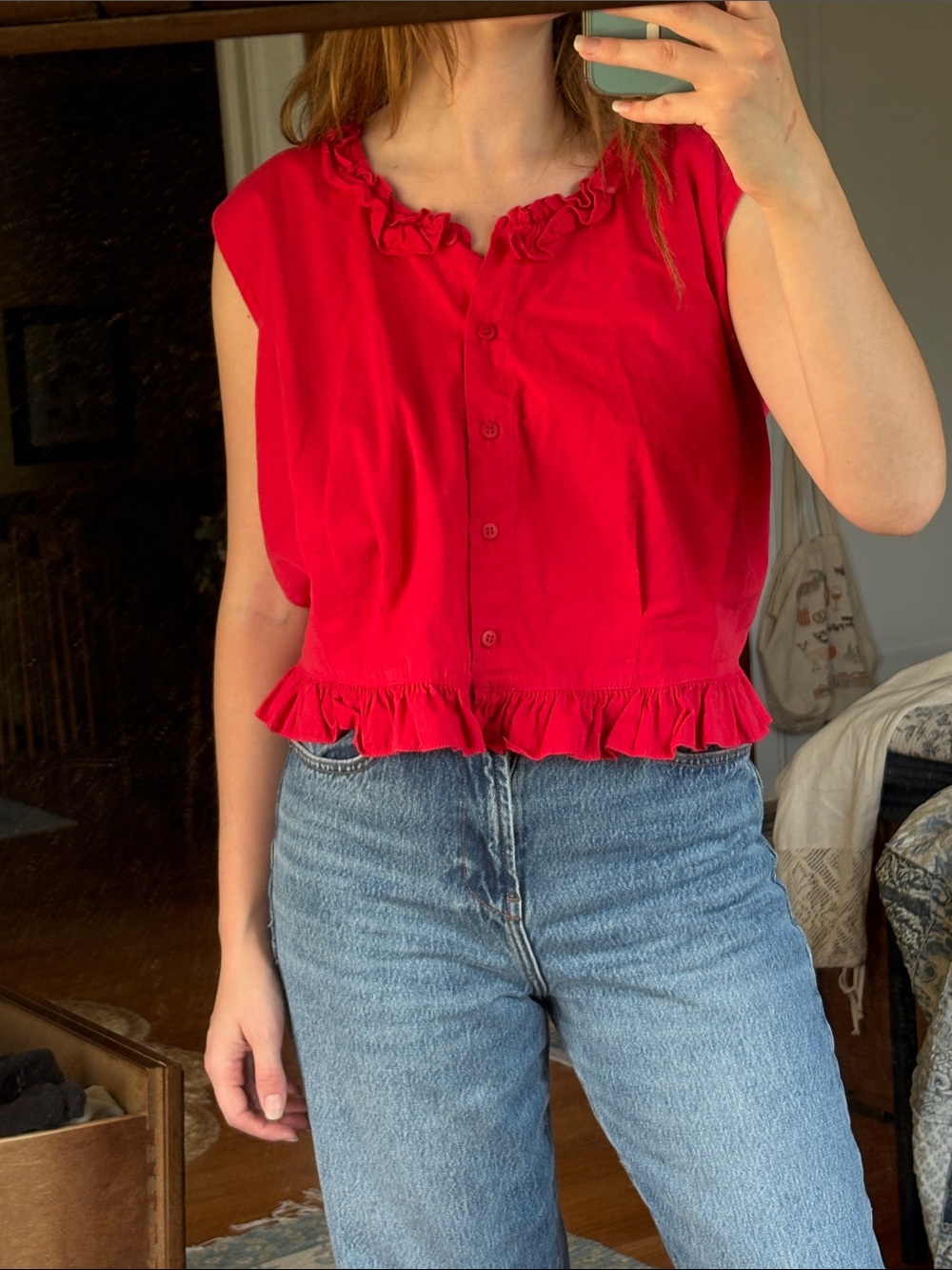 Sleeveless Red Ruffle-Trim Button Front Blouse
